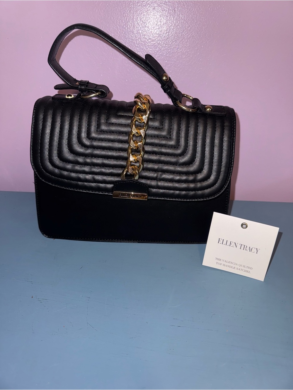 Ellen Tracy Black Quilted Top-Handle Satchel with Gold Chain